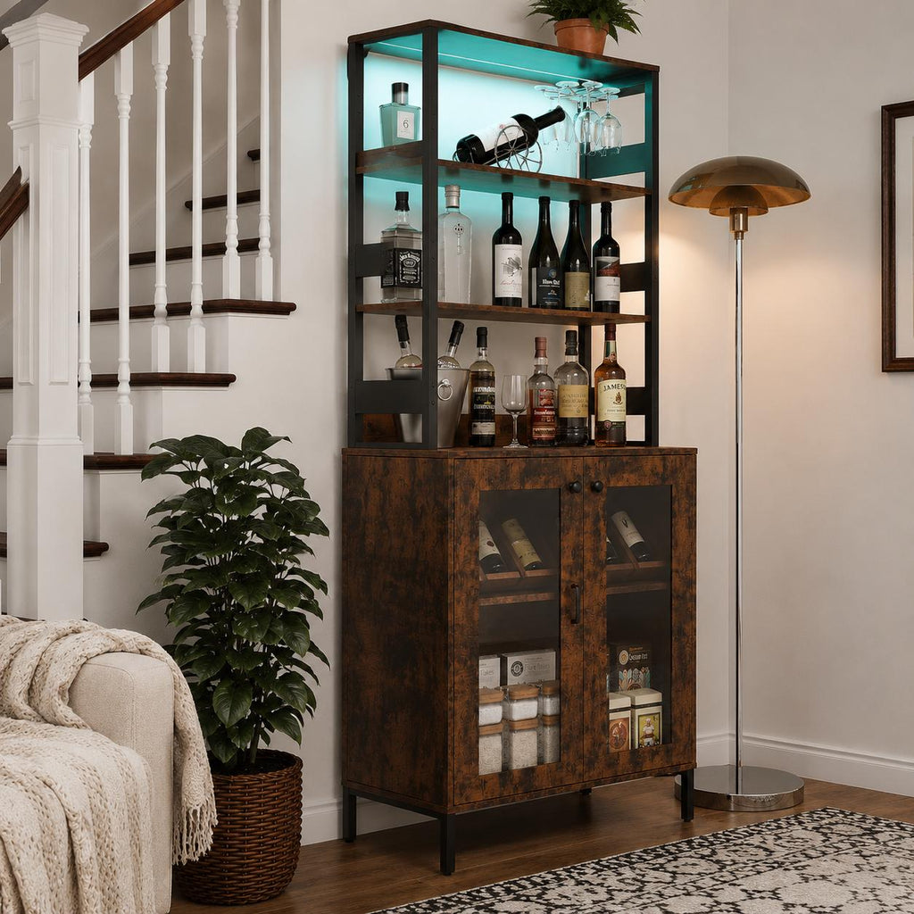 Farmhouse Coffee Bar Cabinet, RGB LED Lights, Built-In Charging Station, Glass Doors