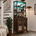 Farmhouse Coffee Bar Cabinet, RGB LED Lights, Built-In Charging Station, Glass Doors