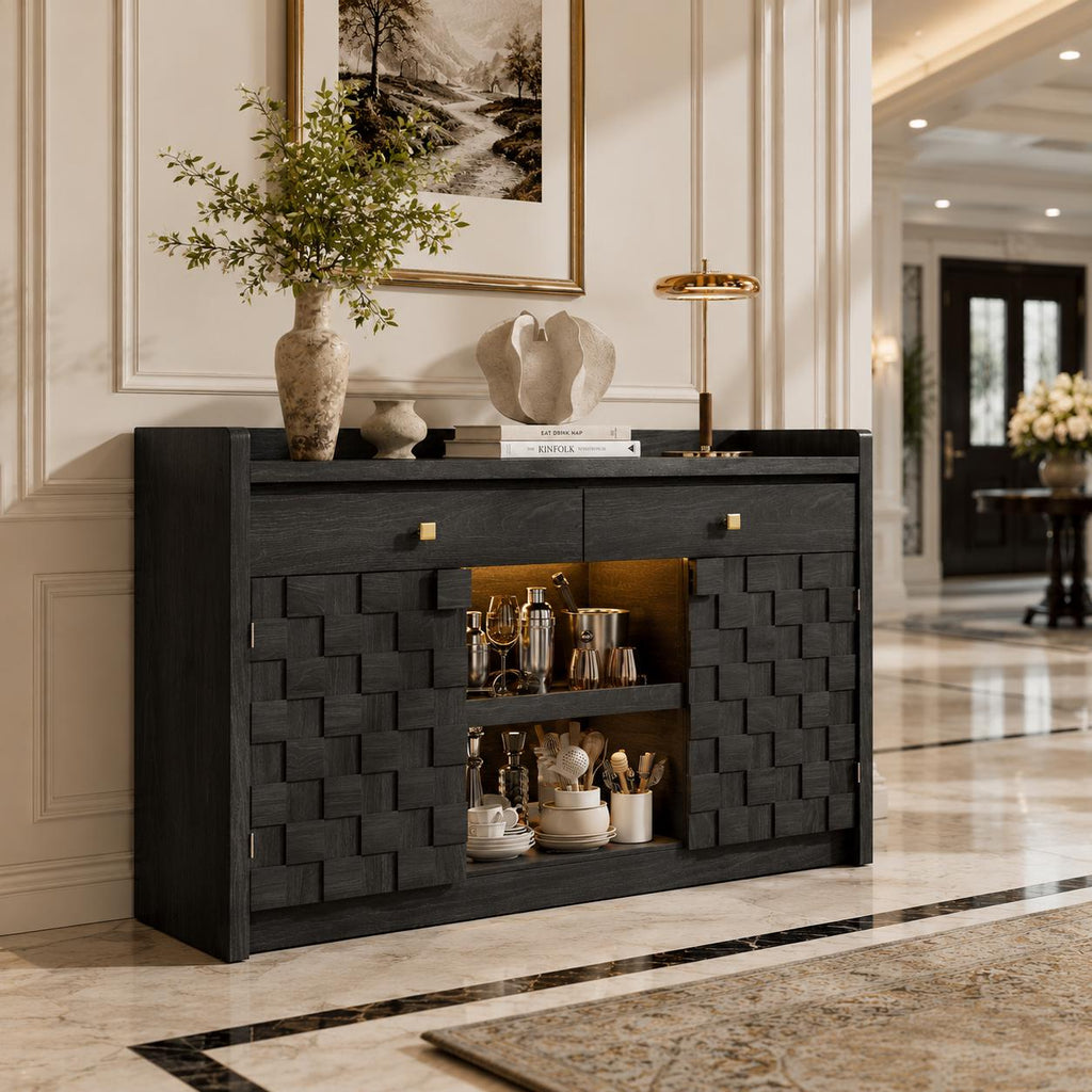 Modern Buffet Cabinet with Charging Station, LED Lights & Pull-Out Storage Shelf