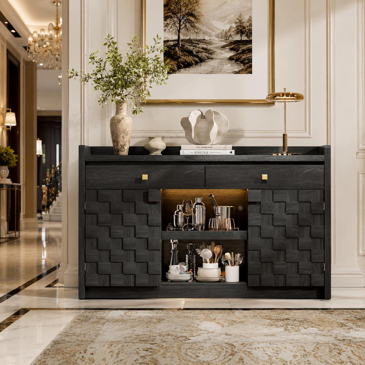 Modern Buffet Cabinet with Charging Station, LED Lights & Pull-Out Storage Shelf
