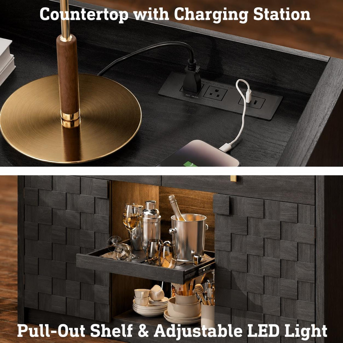 Modern Buffet Cabinet with Charging Station, LED Lights & Pull-Out Storage Shelf