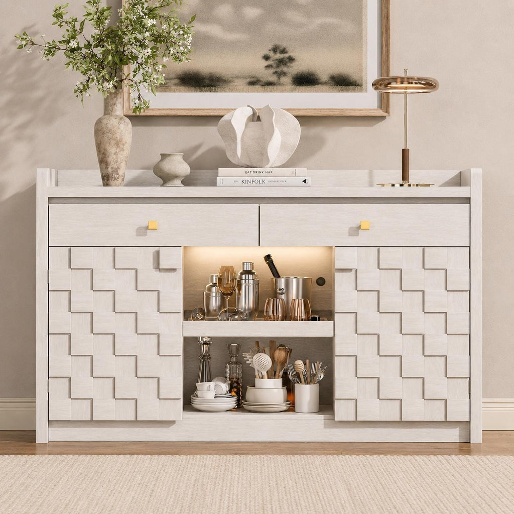 Modern Buffet Cabinet with Charging Station, LED Lights & Pull-Out Storage Shelf