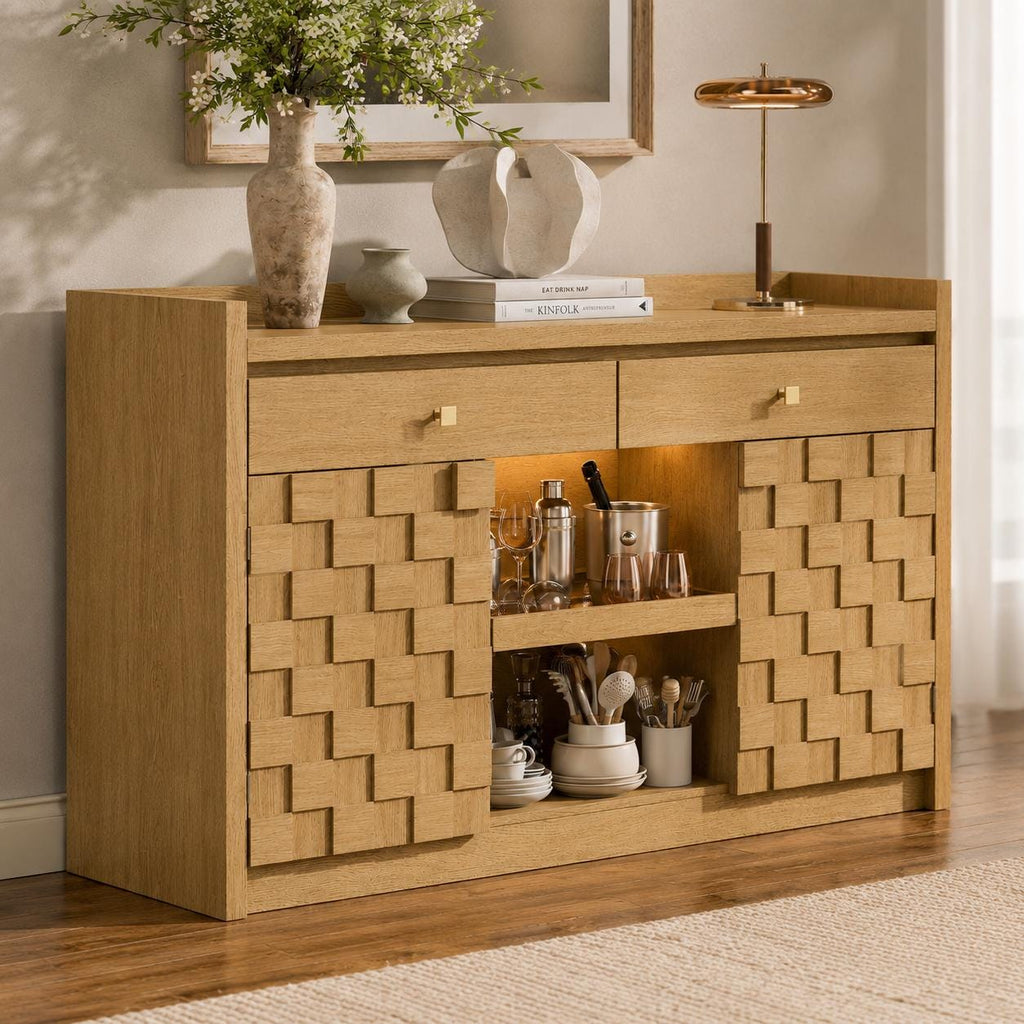 Modern Buffet Cabinet with Charging Station, LED Lights & Pull-Out Storage Shelf