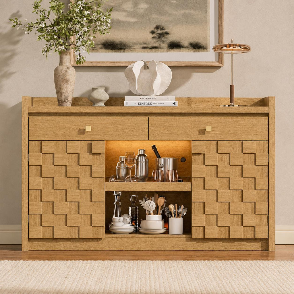 Modern Buffet Cabinet with Charging Station, LED Lights & Pull-Out Storage Shelf