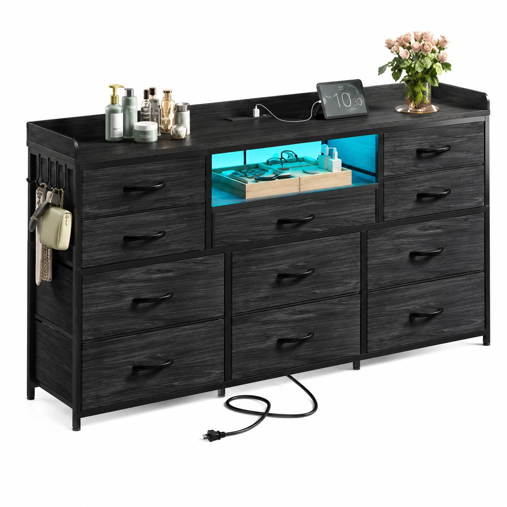 11-Drawer Dresser TV Stand, LED Lights, Charging Station, Rustic Style Storage Chest
