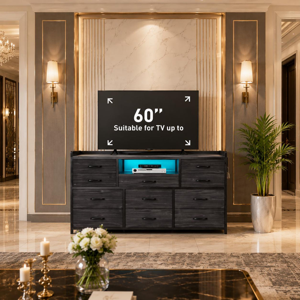 11-Drawer Dresser TV Stand, LED Lights, Charging Station, Rustic Style Storage Chest
