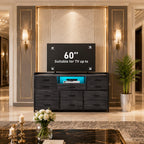 11-Drawer Dresser TV Stand, LED Lights, Charging Station, Rustic Style Storage Chest