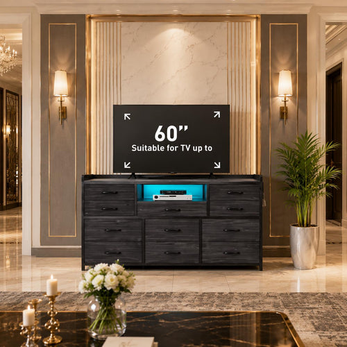 11-Drawer Dresser TV Stand, LED Lights, Charging Station, Rustic Style Storage Chest