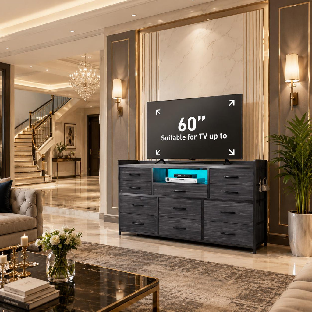 11-Drawer Dresser TV Stand, LED Lights, Charging Station, Rustic Style Storage Chest