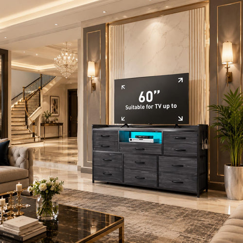 11-Drawer Dresser TV Stand, LED Lights, Charging Station, Rustic Style Storage Chest