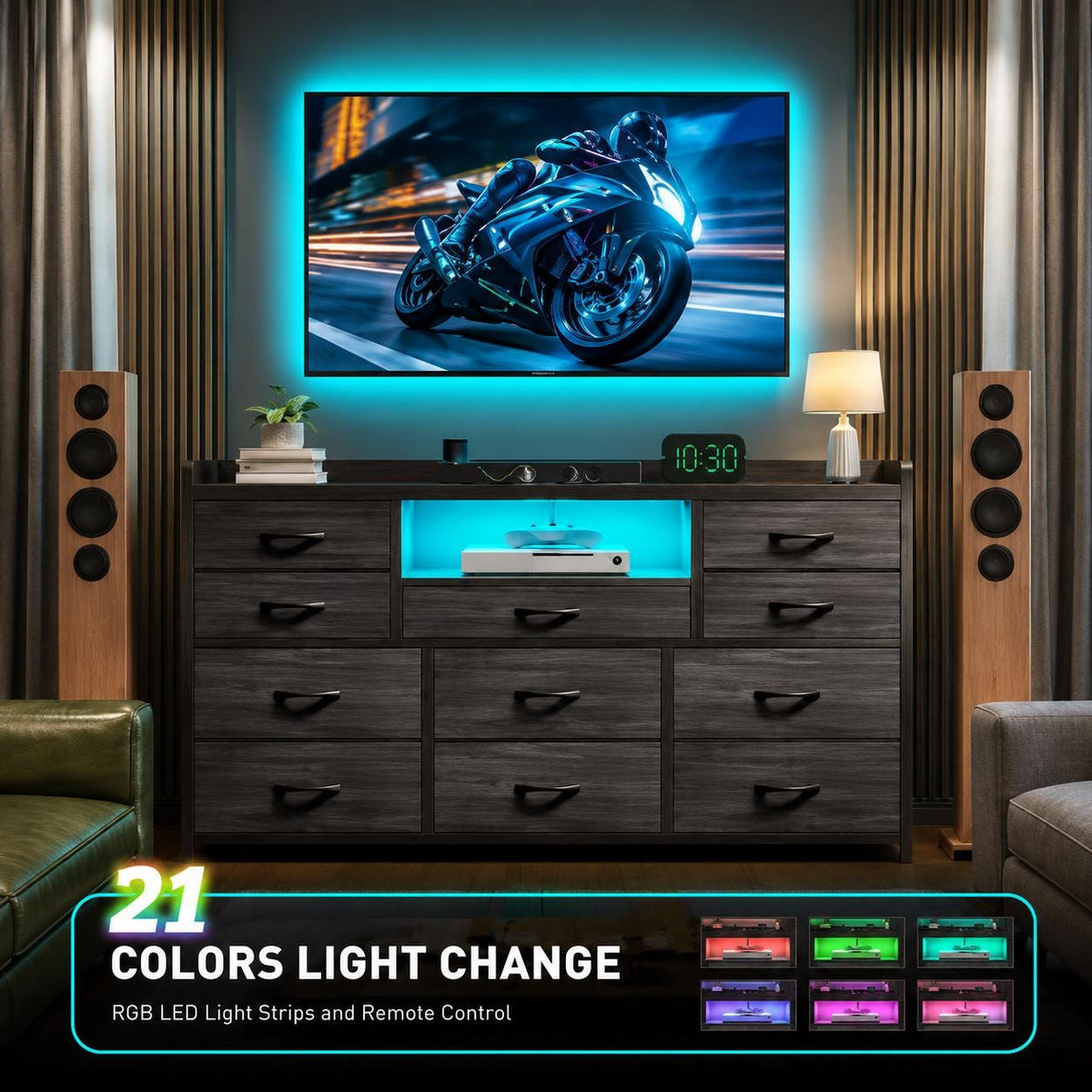 11-Drawer Dresser TV Stand, LED Lights, Charging Station, Rustic Style Storage Chest