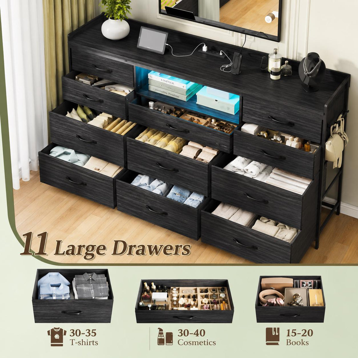 11-Drawer Dresser TV Stand, LED Lights, Charging Station, Rustic Style Storage Chest