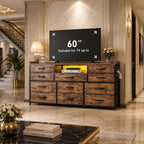 11-Drawer Dresser TV Stand, LED Lights, Charging Station, Rustic Style Storage Chest