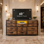 11-Drawer Dresser TV Stand, LED Lights, Charging Station, Rustic Style Storage Chest