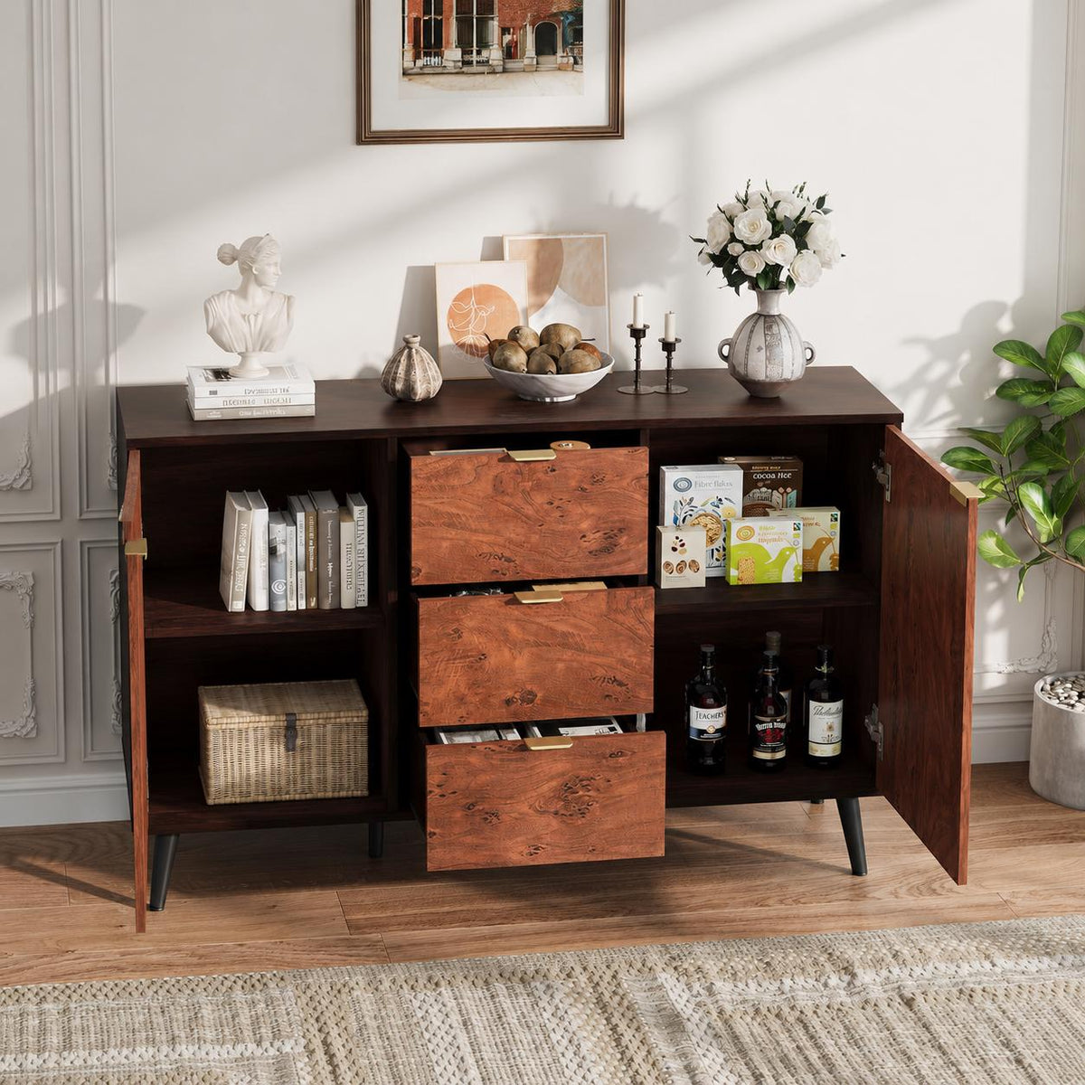 Mid Century Walnut Sideboard Buffet Cabinet, 3 Drawers, 2 Doors, Storage Credenza TV Stand