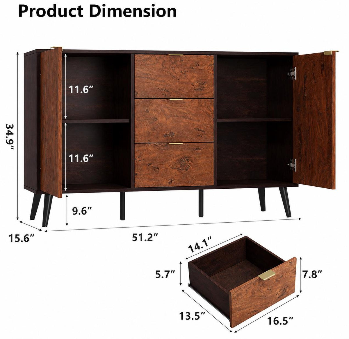 Mid Century Walnut Sideboard Buffet Cabinet, 3 Drawers, 2 Doors, Storage Credenza TV Stand