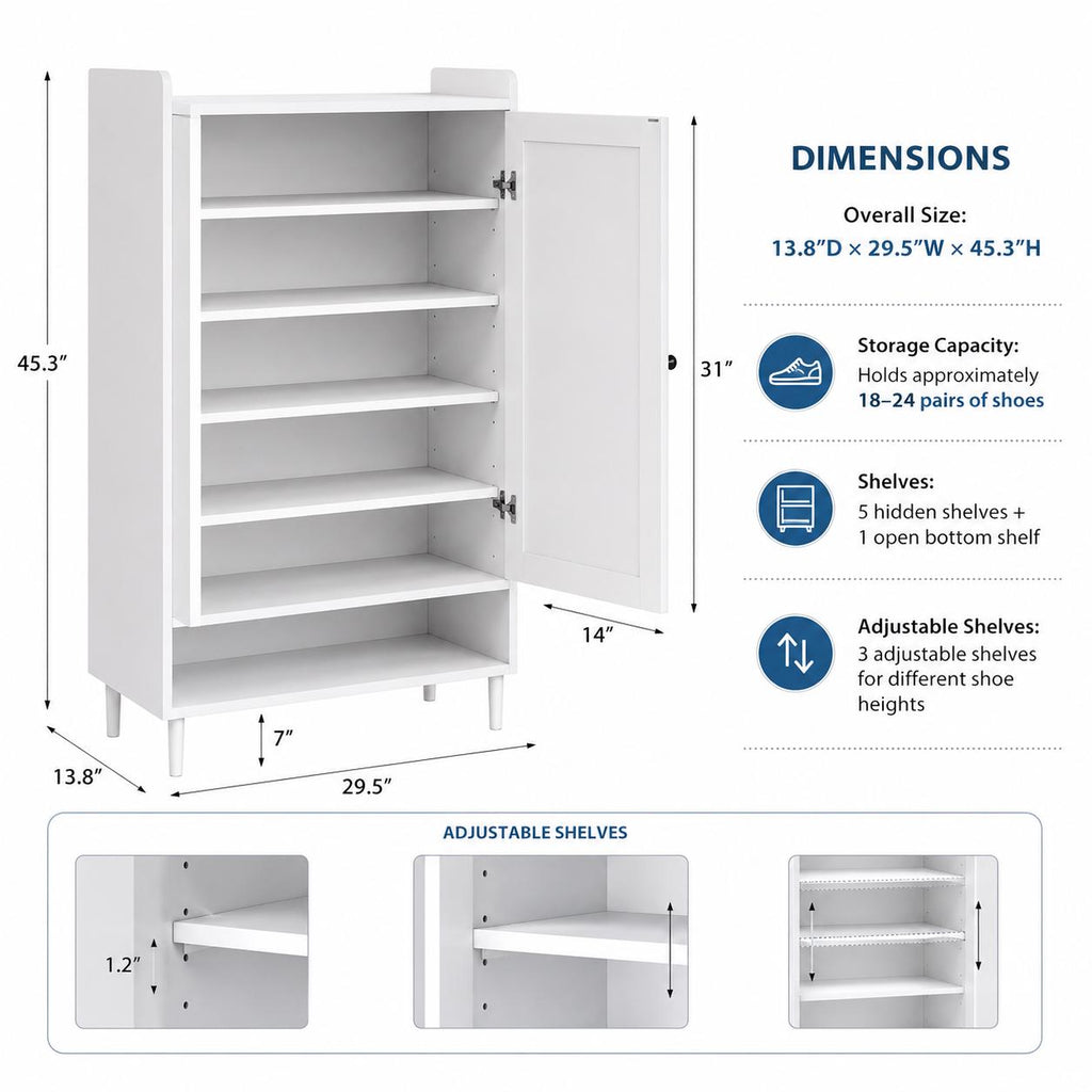 Farmhouse White Shoe Storage Cabinet, 6-Tier Entryway Organizer, Adjustable Shelves