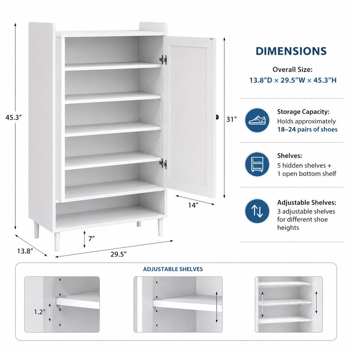 Farmhouse White Shoe Storage Cabinet, 6-Tier Entryway Organizer, Adjustable Shelves