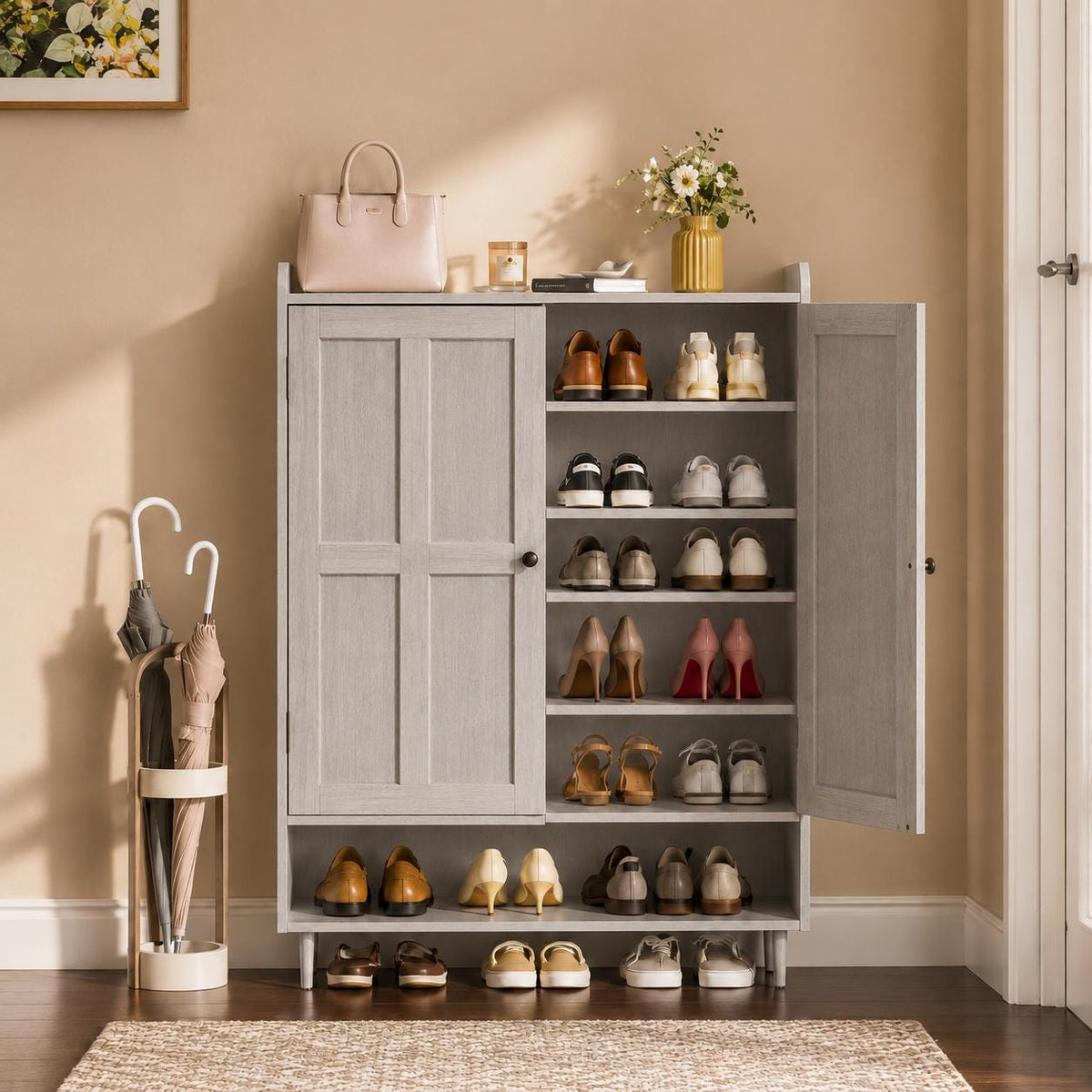 Farmhouse White Shoe Storage Cabinet, 6-Tier Entryway Organizer, Adjustable Shelves