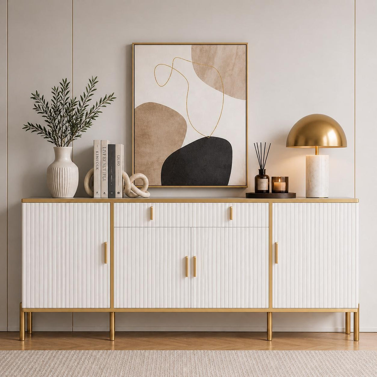 Modern Fluted Sideboard Buffet Cabinet 60'' – Storage Cabinet with Drawers & Adjustable Shelves Wooden Console Cabinet with Metal Legs