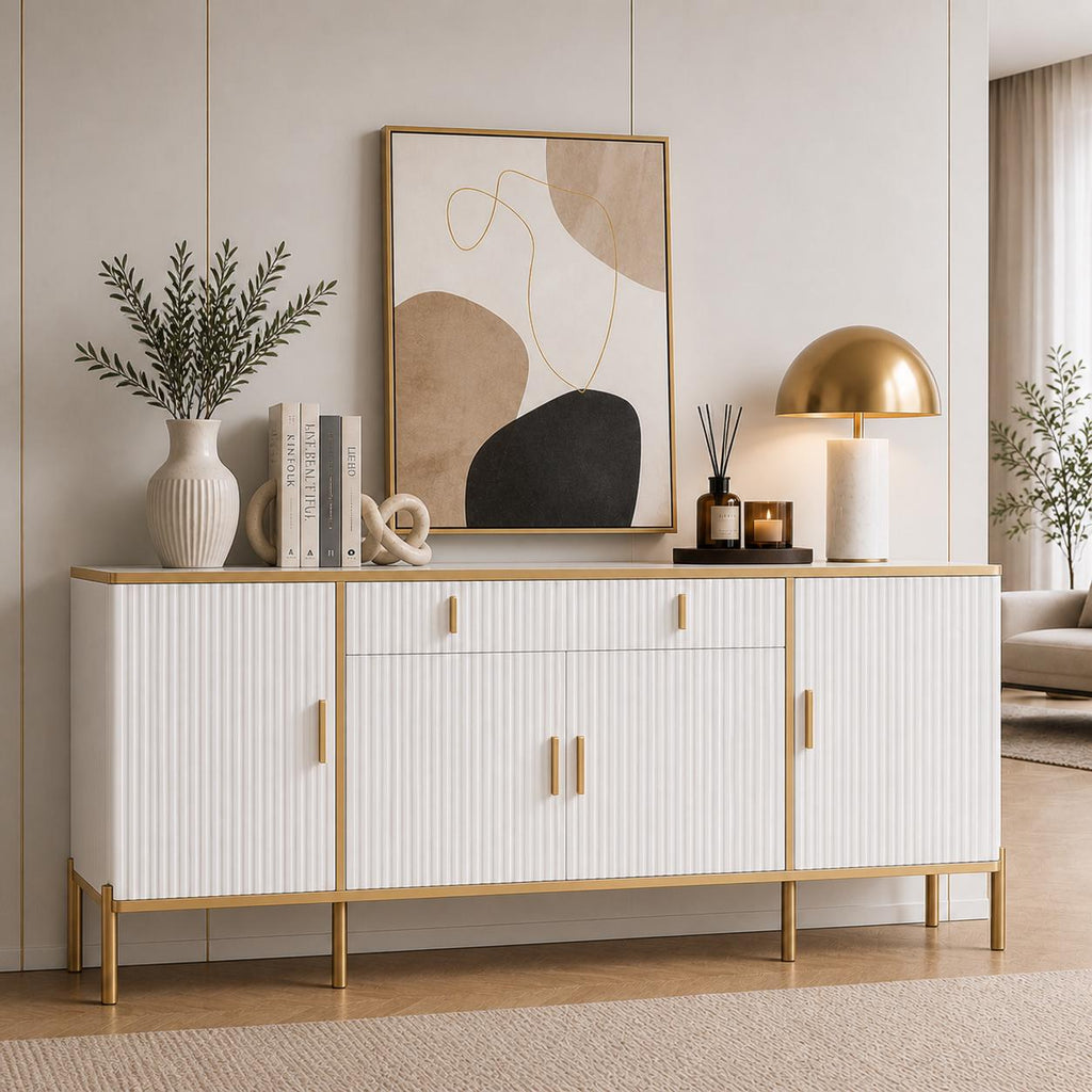Modern Fluted Sideboard Buffet Cabinet 60'' – Storage Cabinet with Drawers & Adjustable Shelves Wooden Console Cabinet with Metal Legs
