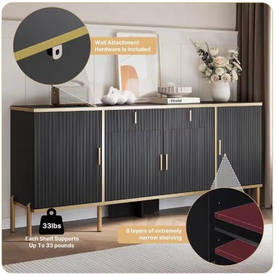Modern Fluted Sideboard Buffet Cabinet 60'' – Storage Cabinet with Drawers & Adjustable Shelves Wooden Console Cabinet with Metal Legs