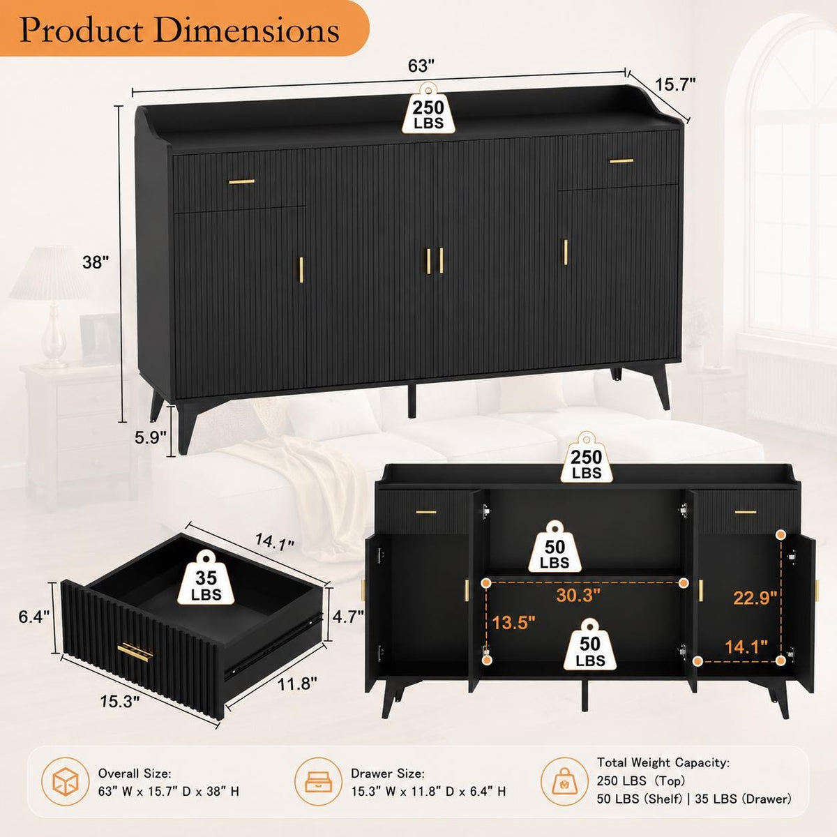 Black Sideboard Buffet Cabinet with Storage