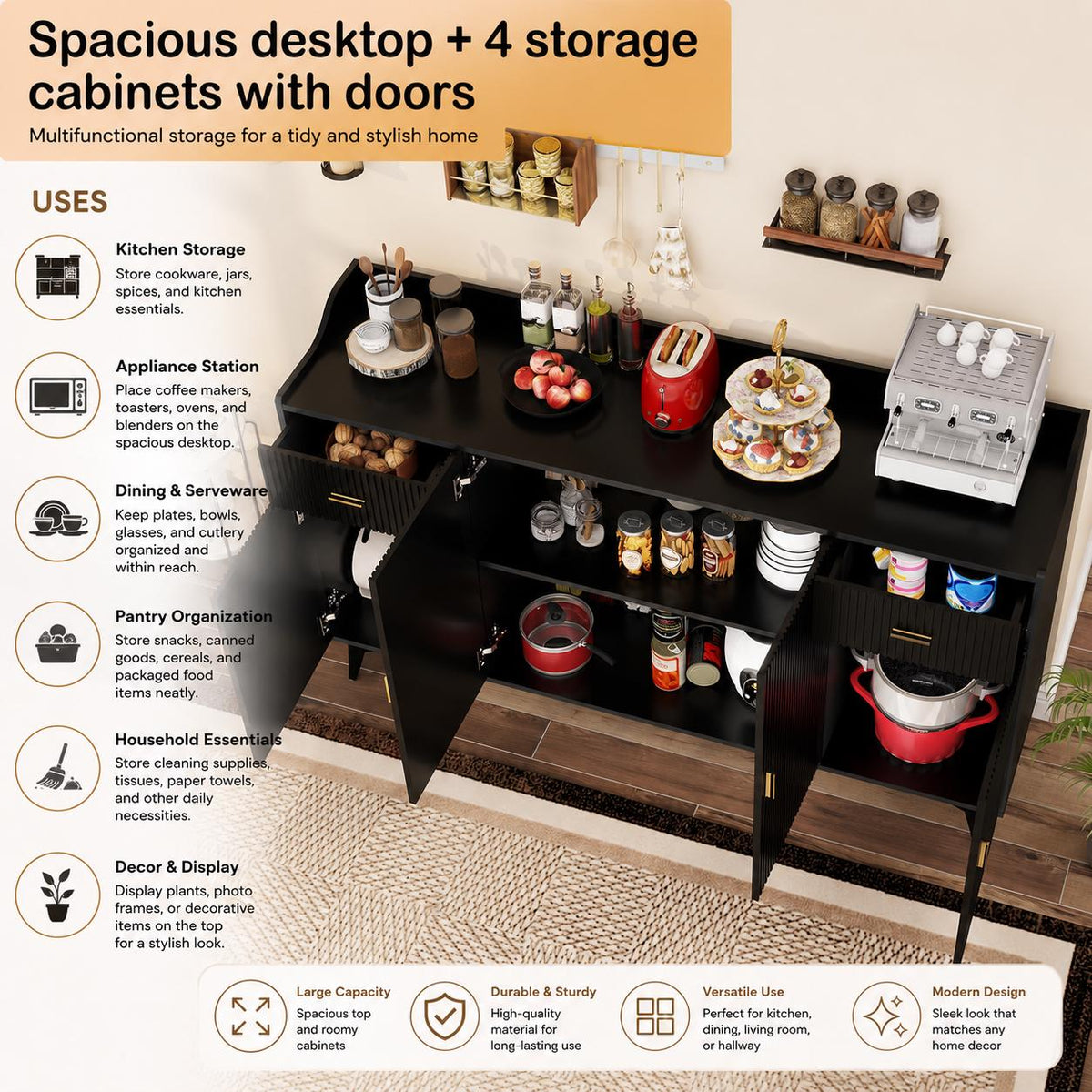 Black Sideboard Buffet Cabinet with Storage