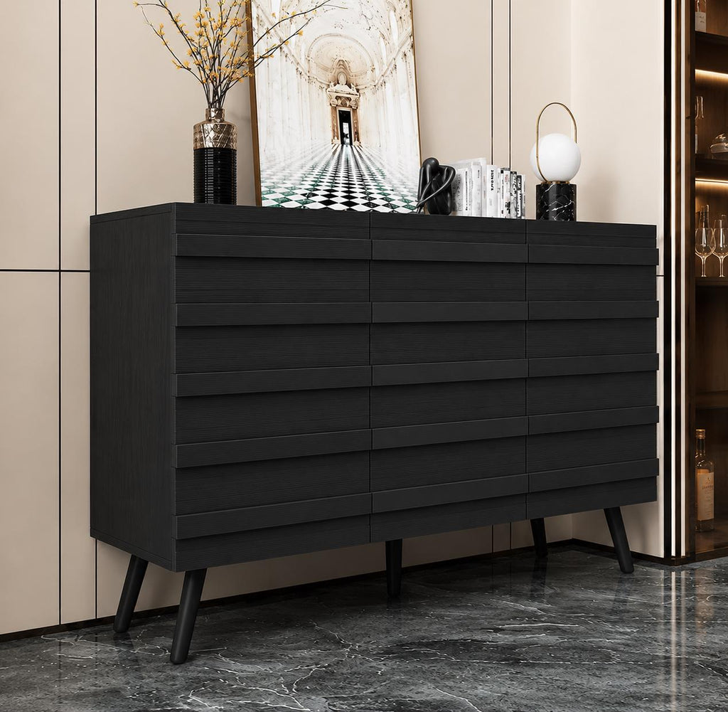 Modern Black Sideboard Cabinet, Handleless Fluted Storage Buffet, Dining Entryway Furniture