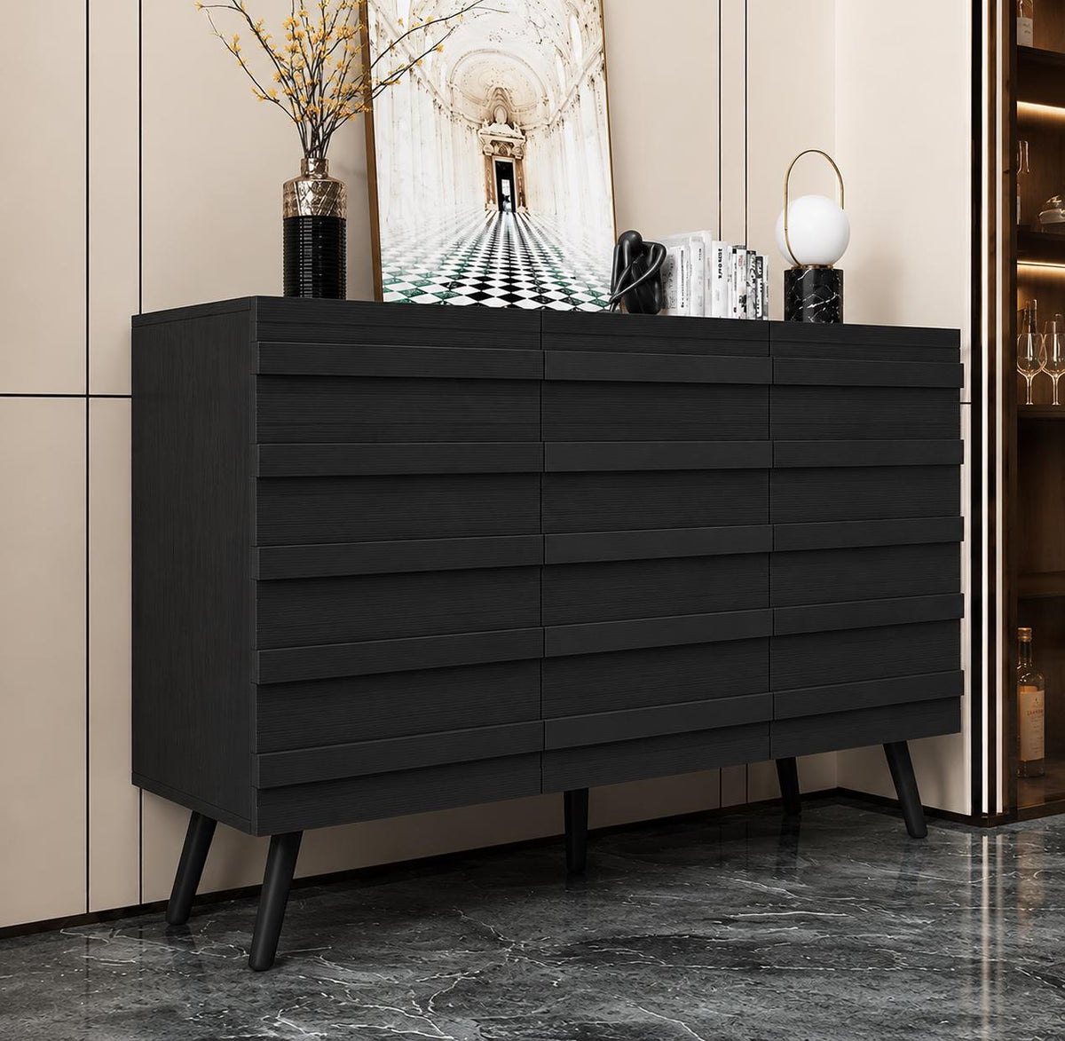 Modern Black Sideboard Cabinet, Handleless Fluted Storage Buffet, Dining Entryway Furniture