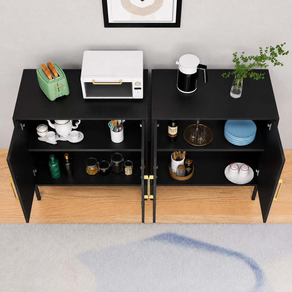 Modern Black Sideboard Buffet Cabinet with Gold Handles & Storage