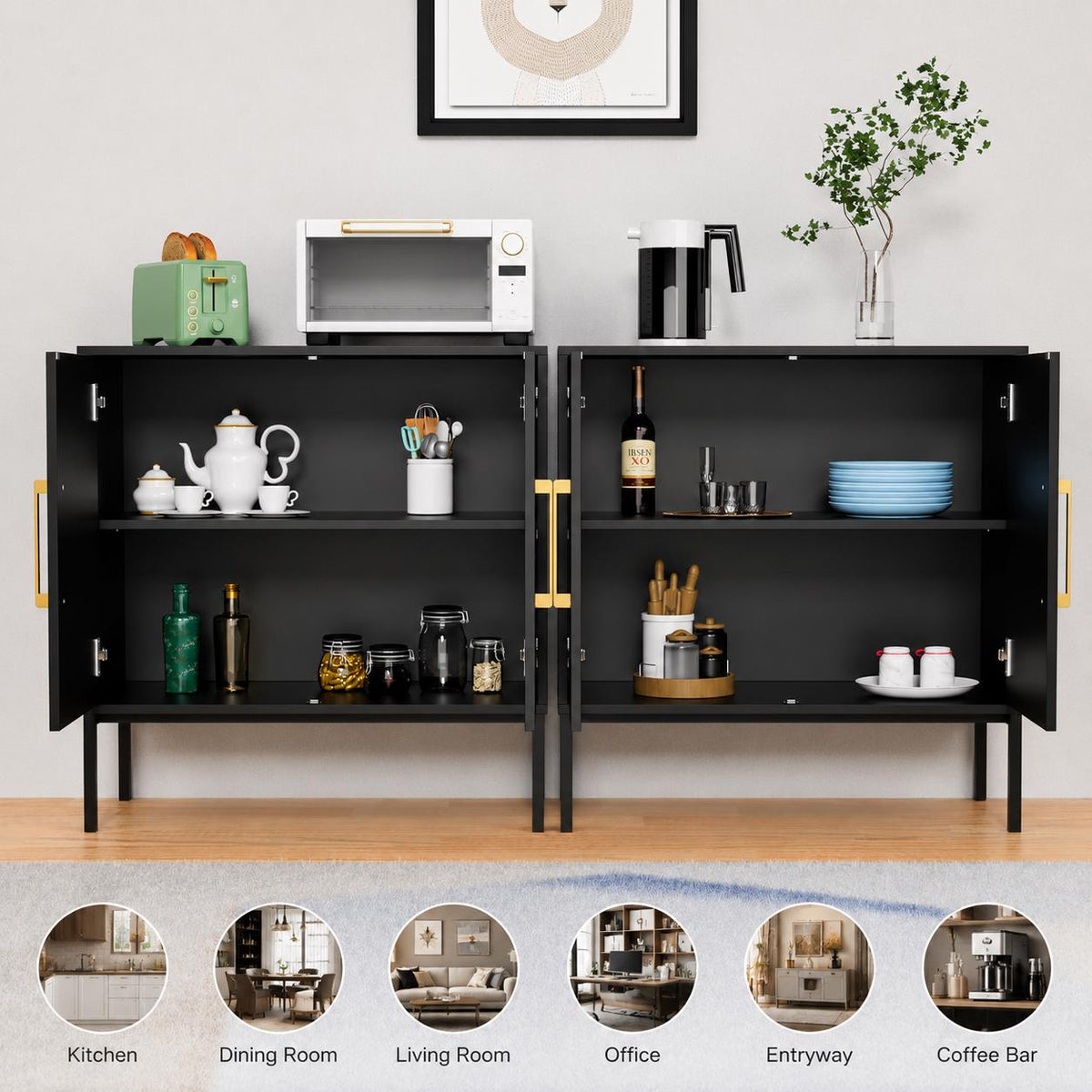 Modern Black Sideboard Buffet Cabinet with Gold Handles & Storage