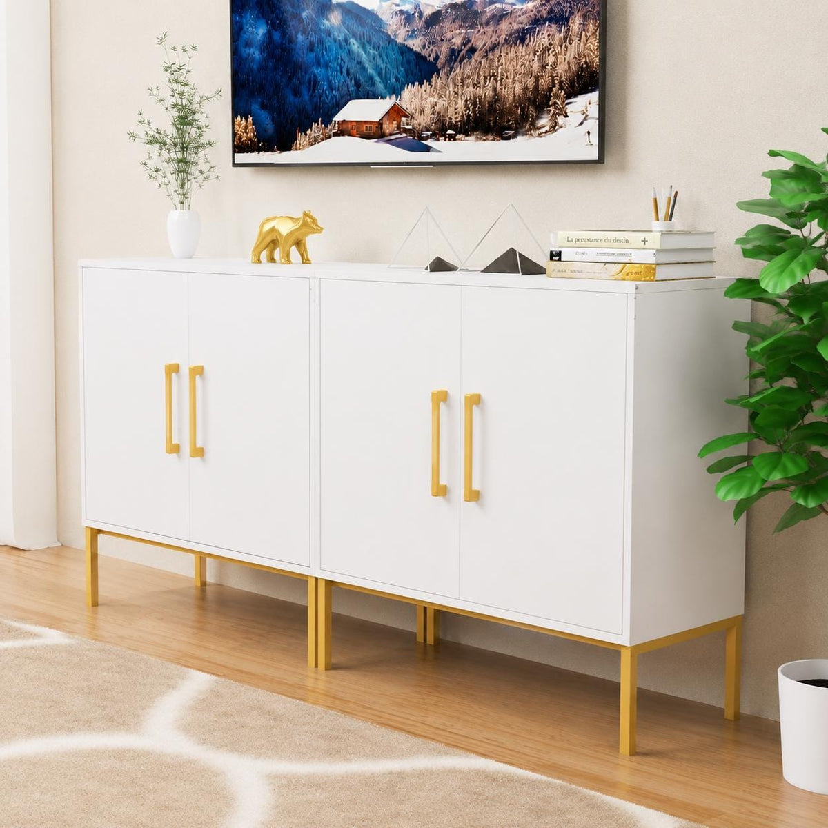 Modern Black Sideboard Buffet Cabinet with Gold Handles & Storage