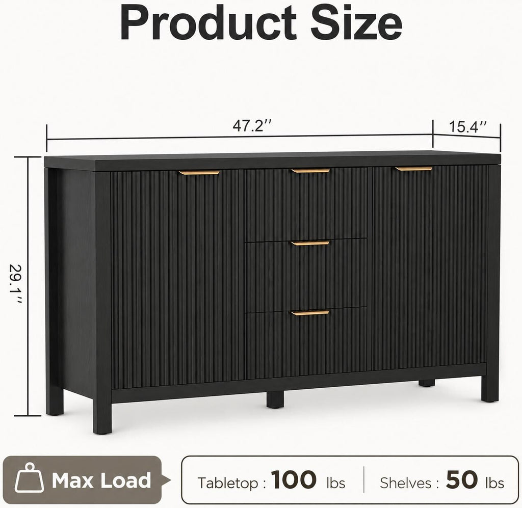 Modern Black Fluted Sideboard Cabinet with Gold Handles, 3 Drawers Storage Credenza