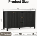 Modern Black Fluted Sideboard Cabinet with Gold Handles, 3 Drawers Storage Credenza