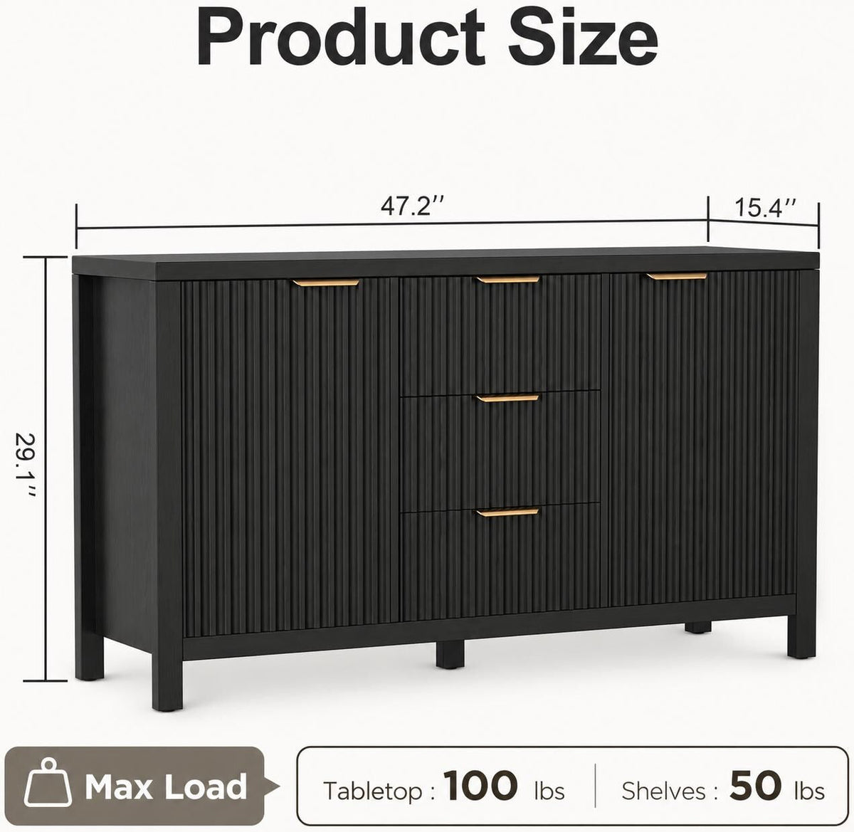 Modern Black Fluted Sideboard Cabinet with Gold Handles, 3 Drawers Storage Credenza