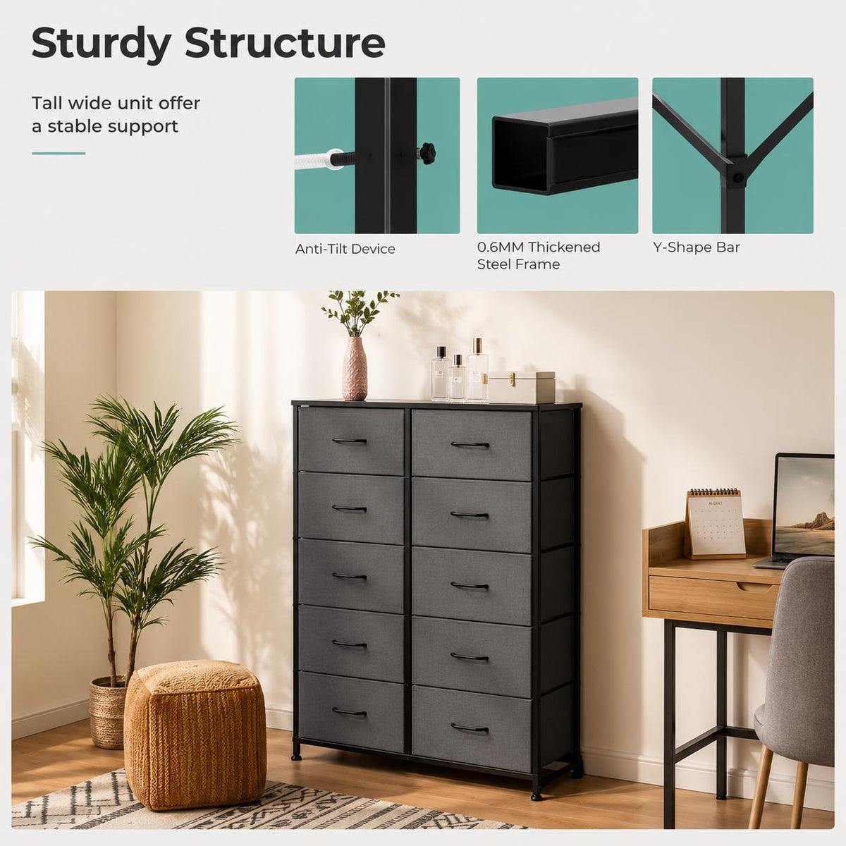 JHK Bedside Table For Bedroom With 10 Fabric Drawers