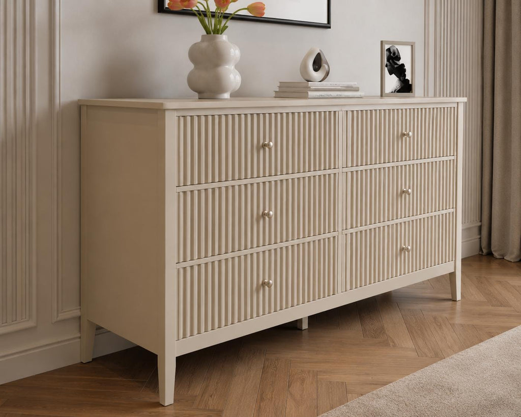 Modern Beige Fluted 6 Drawer Dresser – Water-Resistant Chest Organizer