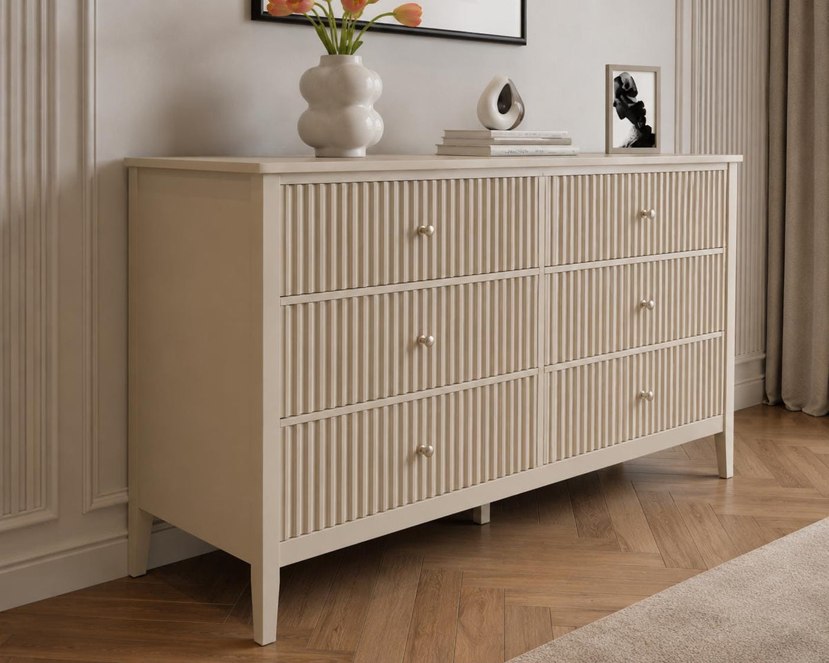 Modern Beige Fluted 6 Drawer Dresser – Water-Resistant Chest Organizer