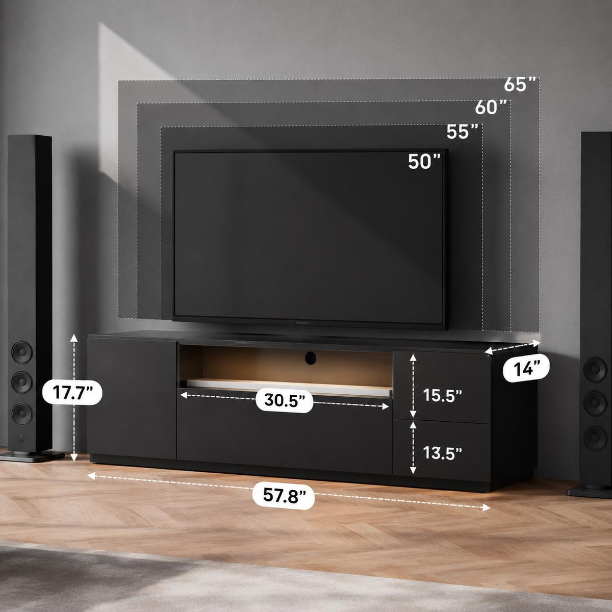 Galaxhero 65 Inch TV Stand with LED Lights Modern Entertainment Center with Storage Cabinet Black TV Console for Living Room
