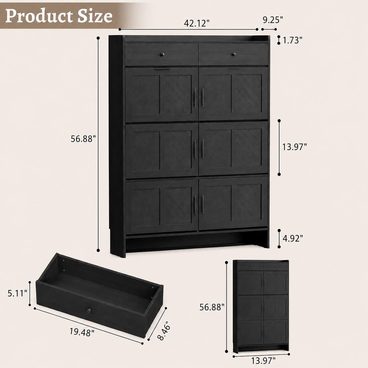 Modern 6-Tier Shoe Cabinet with 2 Drawers – Black Entryway Organizer Storage