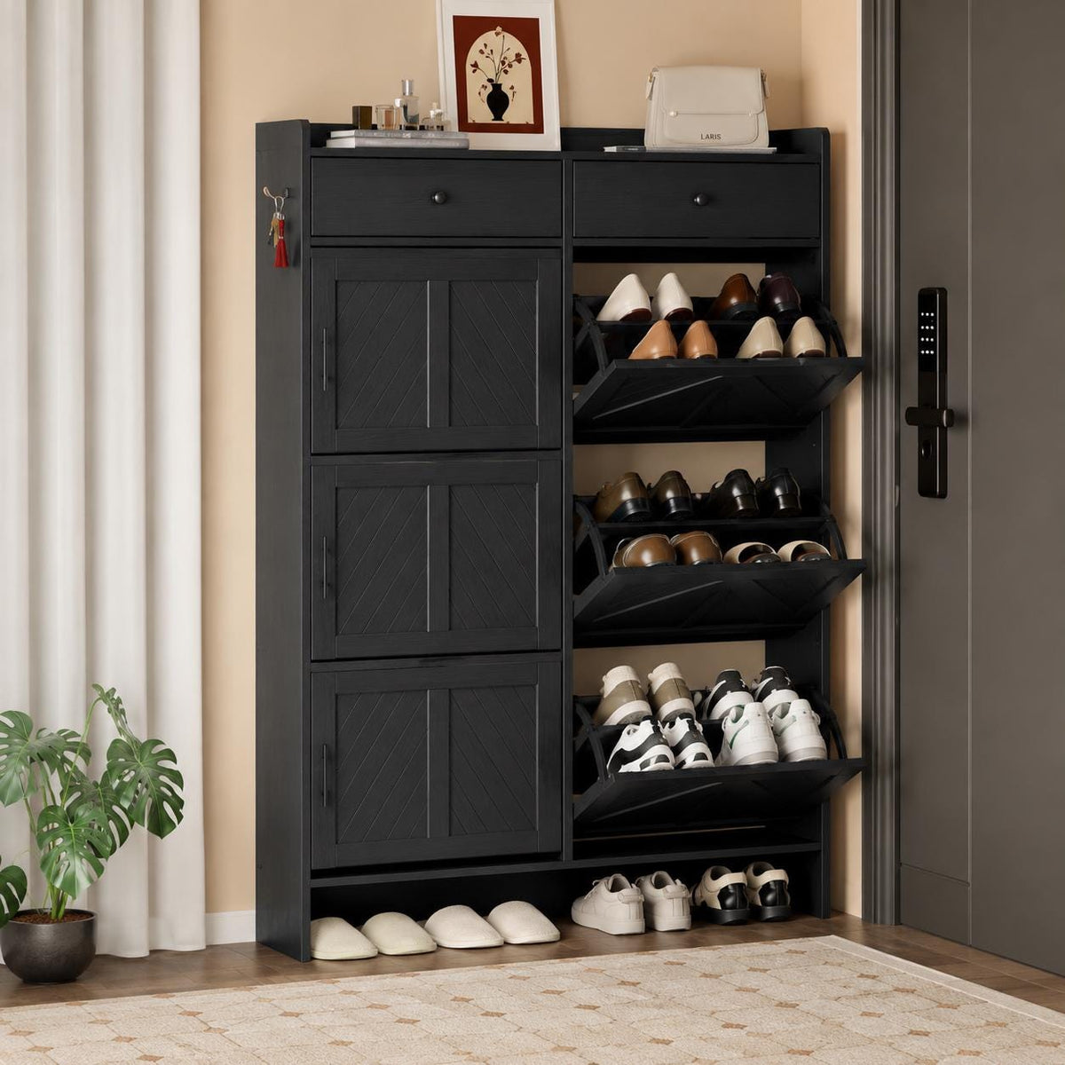 Modern 6-Tier Shoe Cabinet with 2 Drawers – Black Entryway Organizer Storage