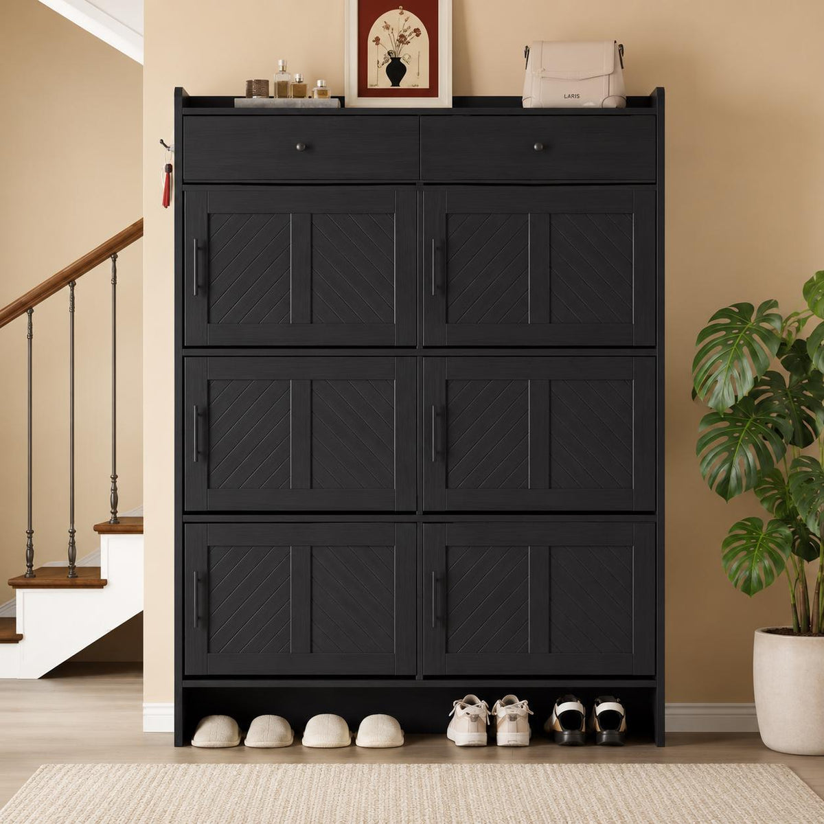Modern 6-Tier Shoe Cabinet with 2 Drawers – Black Entryway Organizer Storage