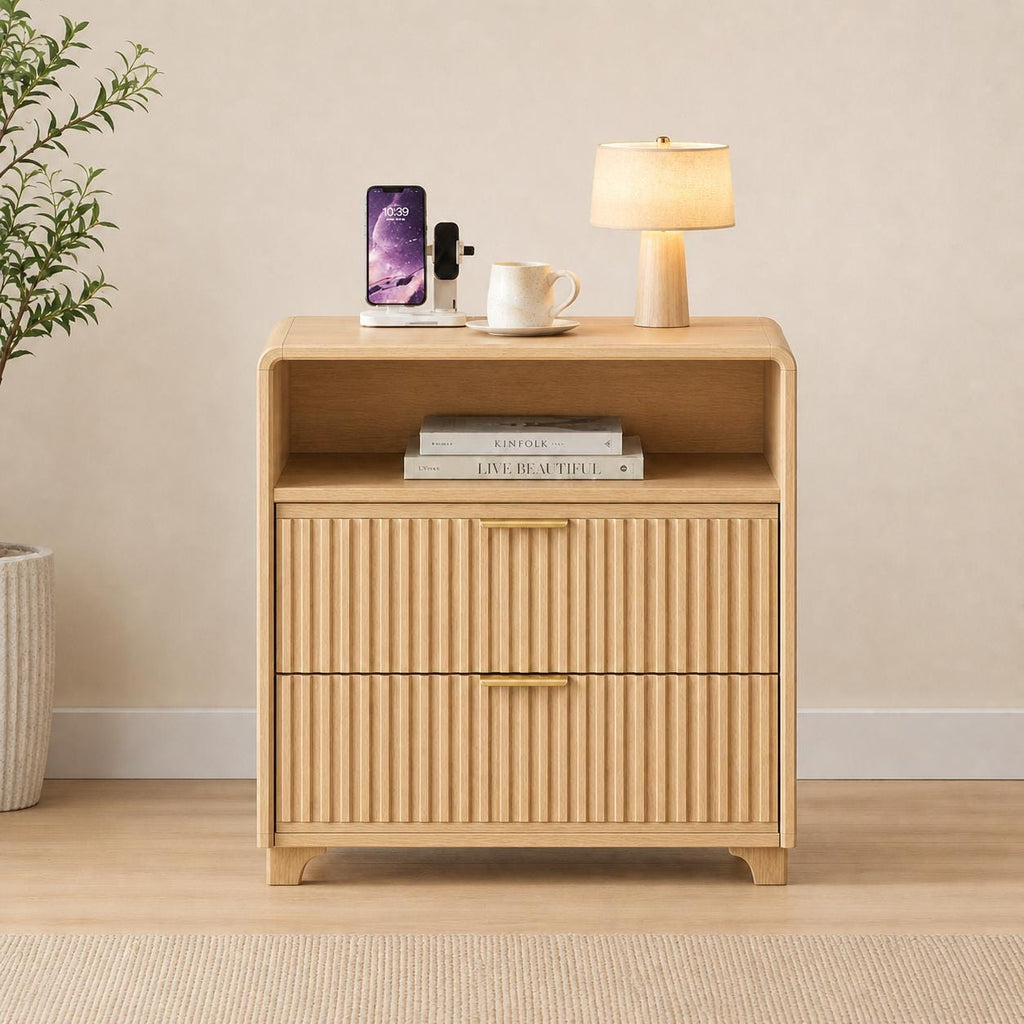 23.6-inch nightstand with charging station; curved-design nightstand featuring 2 drawers and an open shelf
