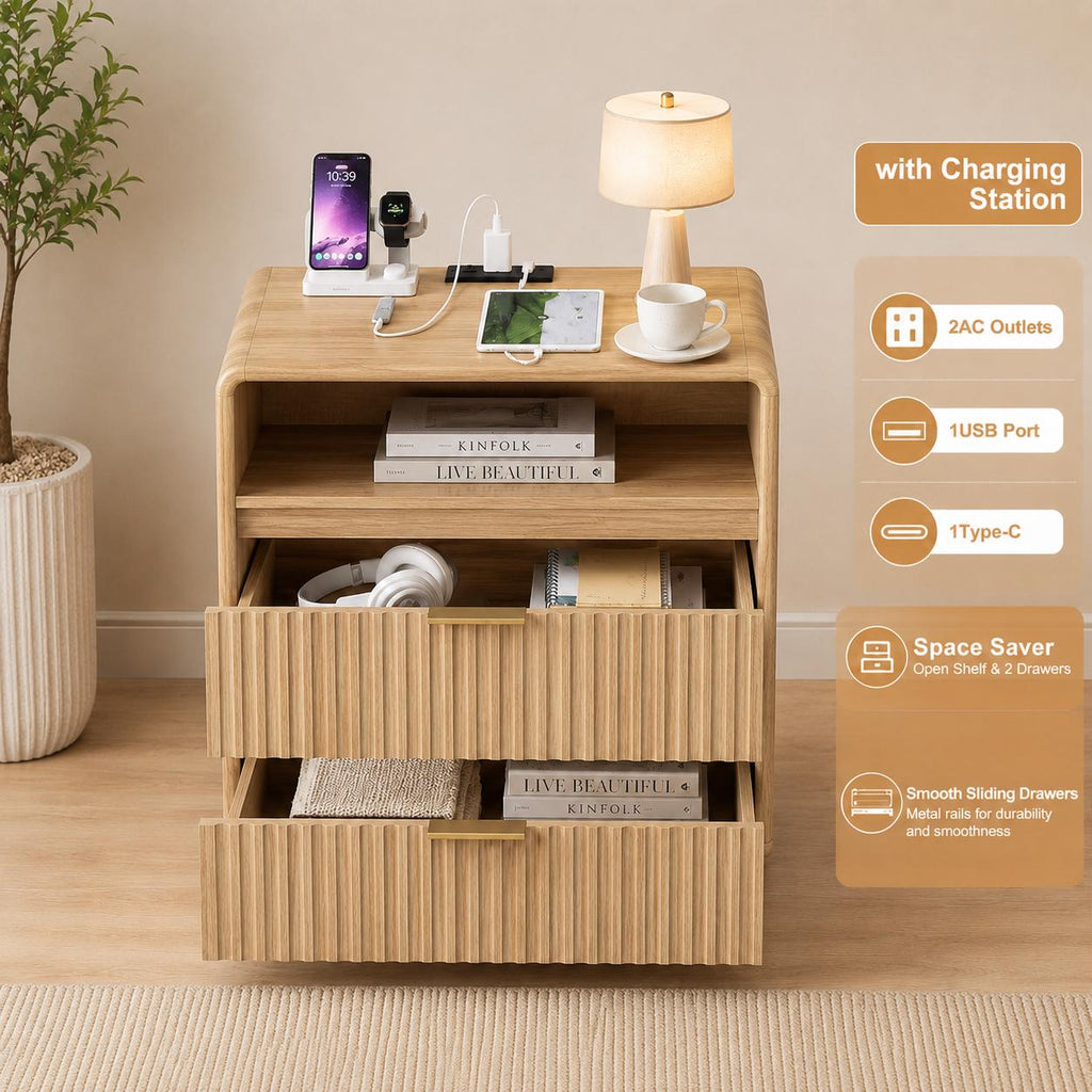 23.6-inch nightstand with charging station; curved-design nightstand featuring 2 drawers and an open shelf