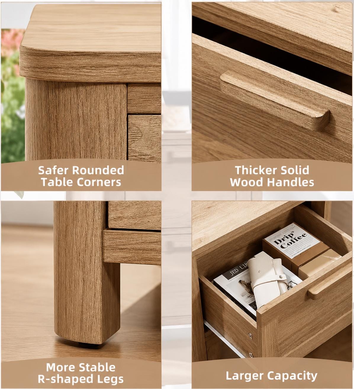 Farmhouse Nightstand with Charging Station, 2 Drawer Bedside Table