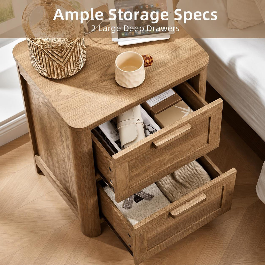 Farmhouse Nightstand with Charging Station, 2 Drawer Bedside Table