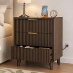 Modern Fluted Nightstand, 3 Drawer Bedside Table with Charging Station