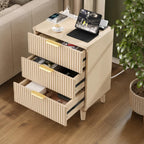 Modern Fluted Nightstand, 3 Drawer Bedside Table with Charging Station