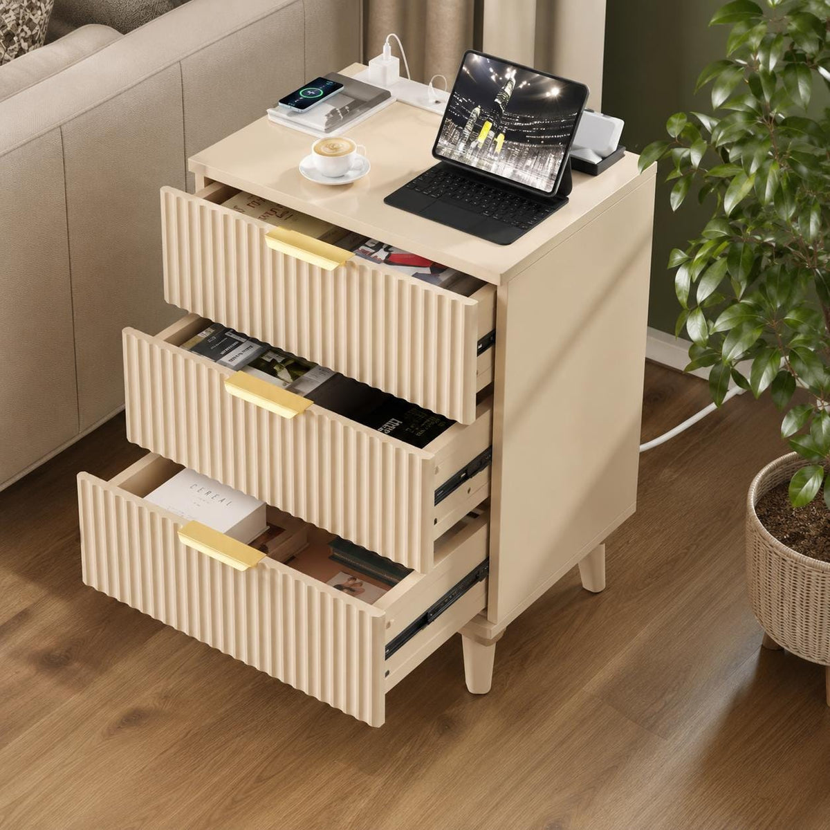 Modern Fluted Nightstand, 3 Drawer Bedside Table with Charging Station